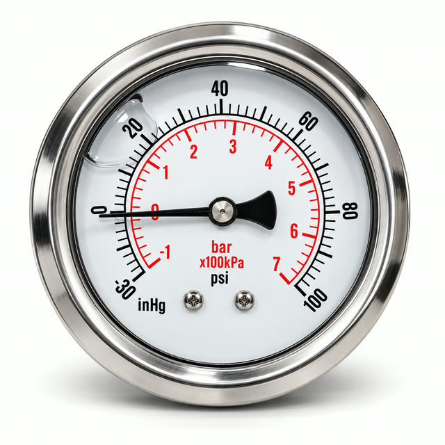 Liquid-filled pressure gauge, dual scale psi / bar