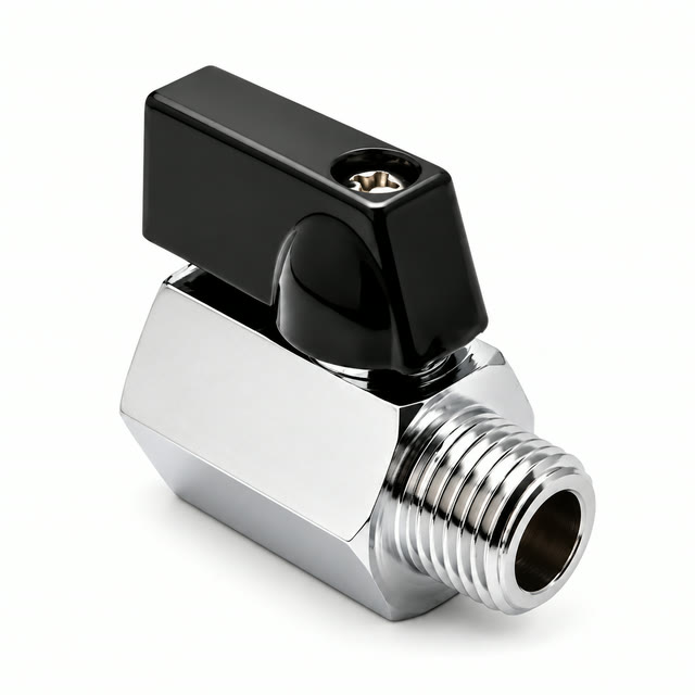 Mini ball valve with black handle, chrome finish