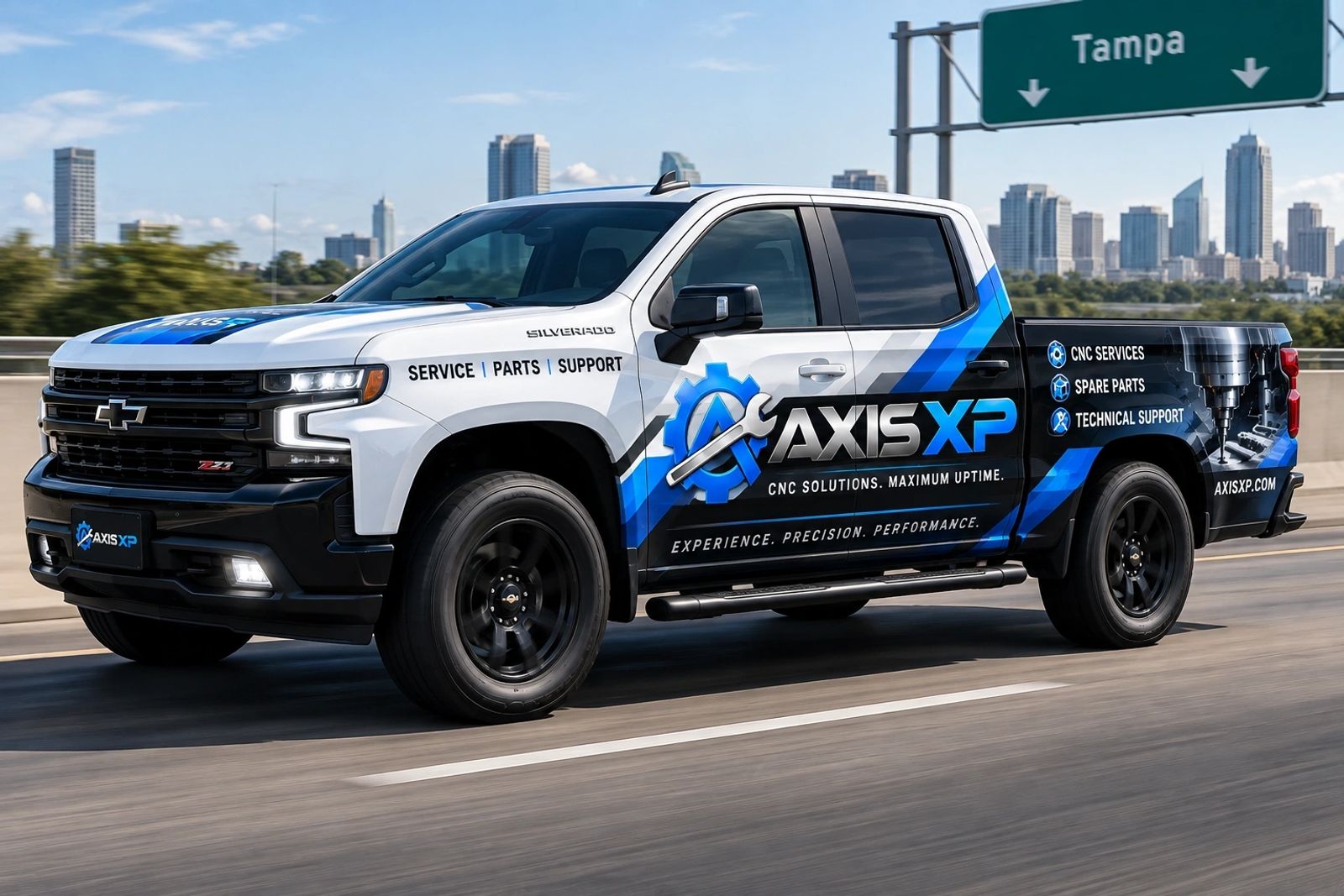 Axis XP branded service truck on the highway into Tampa